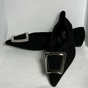 Seven Big Trees Black Suede Pointed Toe Flats Silver Buckle Size 9